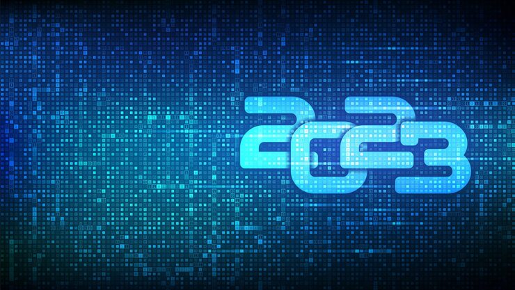 Vector happy new 2023 year numbers 2023 made with binary code digital binary data and streaming digital code background matrix background with digits 10 vector illustration