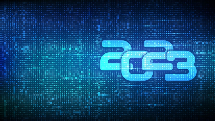 Vector happy new 2023 year numbers 2023 made with binary code digital binary data and streaming digital code background matrix background with digits 10 vector illustration