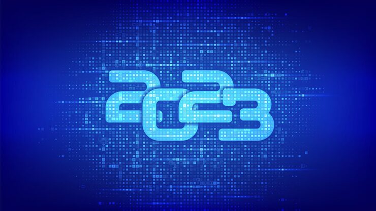 Vector happy new 2023 year numbers 2023 made with binary code digital binary data and streaming digital code background matrix background with digits 10 vector illustration
