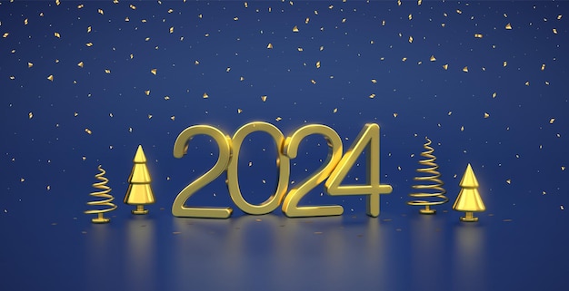 Vector happy new 2024 year 3d golden metallic numbers 2024 with gold metallic cone shape pine spruce trees and confetti on blue background xmas background card header realistic vector illustration