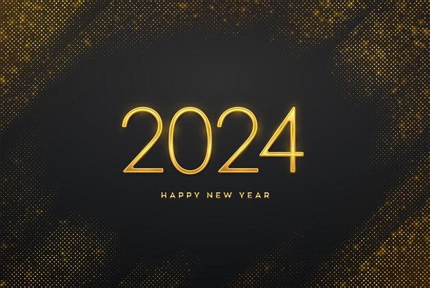 Happy New 2024 Year Golden metallic luxury numbers 2024 on shimmering background Realistic sign for greeting card Bursting backdrop with glitters Festive poster or banner Vector illustration