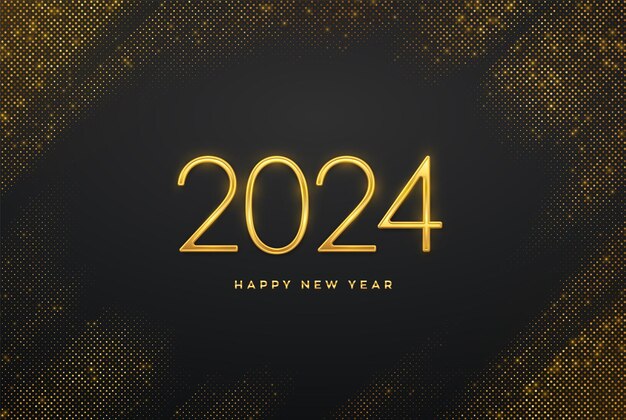 Happy new 2024 year golden metallic luxury numbers 2024 on shimmering background realistic sign for greeting card bursting backdrop with glitters festive poster or banner vector illustration