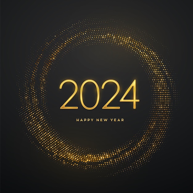 新年あけましておめでとうございます 2024 年きらめく背景に金色の金属製の豪華な数字 2024 グリーティング カードの現実的な記号キラキラと破裂背景お祭りポスターまたはバナー ベクトル図