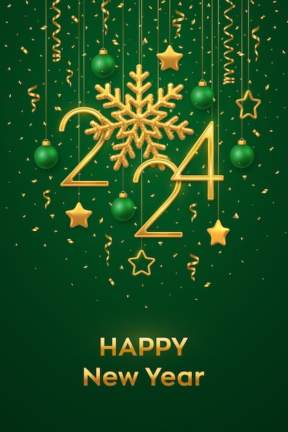 Вектор С новым годом 2024 золотые металлические цифры 2024 с снежинкой и конфетами на зеленом фоне