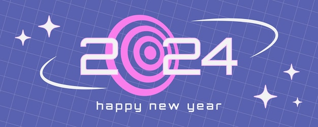 Happy new 2024 year greeting in retro y2k aesthetics with grid and blinks futuristic nostalgia