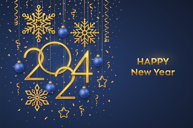 Happy New 2024 Year Hanging Golden metallic numbers 2024 with shining snowflakes 3D metallic stars balls and confetti on blue background New Year greeting card or banner template Vector