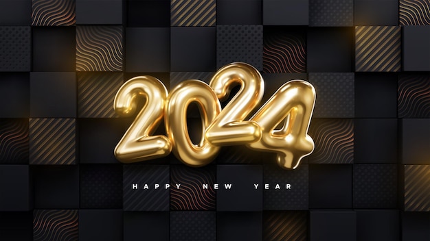 Buon anno nuovo 2024 illustrazione vettoriale di numeri metallici dorati 2024 su sfondo nero geometrico segno 3d realistico disegno di poster o banner festivo