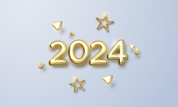 Felice anno nuovo 2024 illustrazione vettoriale delle vacanze dei numeri metallici dorati 2024 e forme ornamentali segno 3d realistico poster festivo o design banner