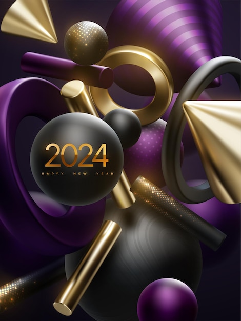 新年明けましておめでとうございます - ゴールデン・ナンバーズ2024と抽象的な幾何学3d形状 - フェスティバルポスターやバナーデザイン - nyeパーティーの招待状