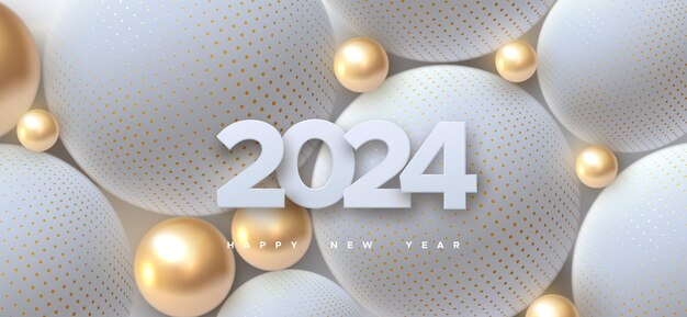 Vector happy new 2024 year holiday vector illustration of white paper numbers 2024 and abstract balls or bubbles 3d sign festive poster or banner design party invitation