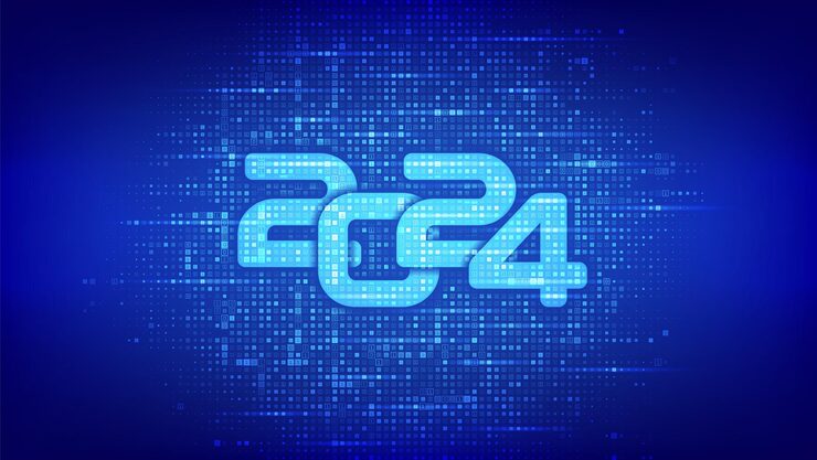 Vector happy new 2024 year numbers 2024 made with binary code digital binary data and streaming digital code background matrix background with digits 10 vector illustration