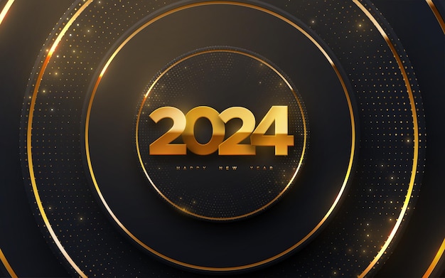 新年あけましておめでとうございます 2024 年ゴールドのきらびやかなストロークでテクスチャーされた黒い放射状の背景に金色の数字 2024 のベクトル休日イラスト