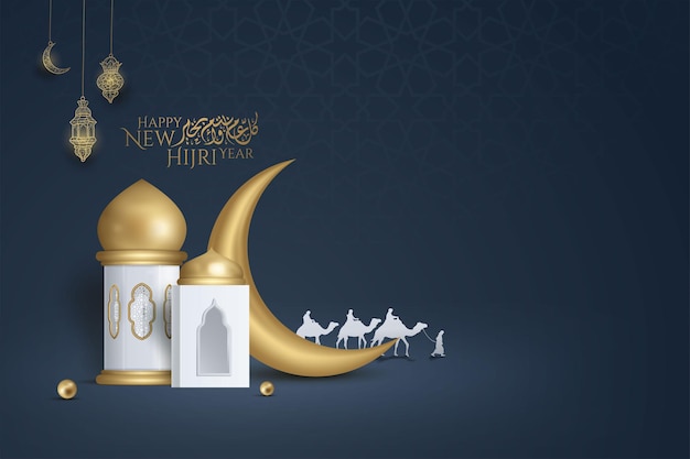 Happy new hijri islamic decoration background with crescent, gold podium, arabic lantern mosque 3D