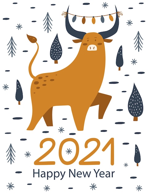 Vector happy new yea 2021 card with cute bull.