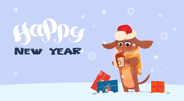 Happy new year 2018 background with cute dog wearing santa hat