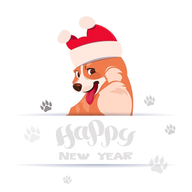 サンタの帽子をかぶってレタリングとコーギー犬と幸せな新年2018年グリーティングカードデザイン