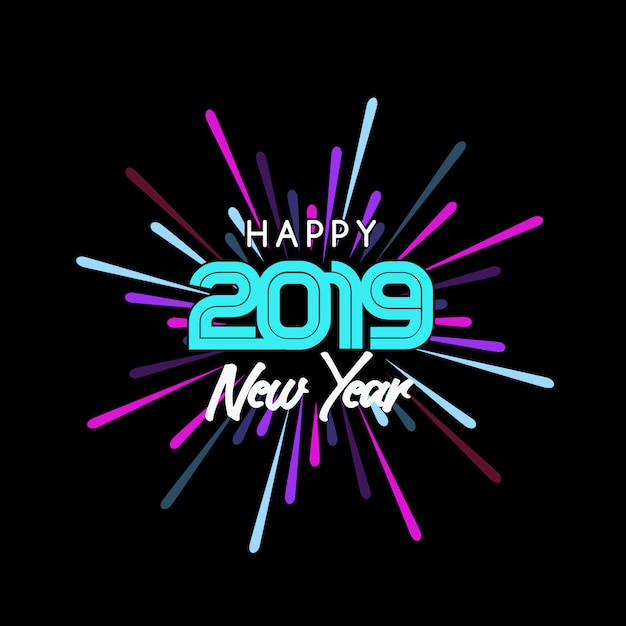 Vettore felice anno nuovo 2019 saluto sfondo e fuochi d'artificio