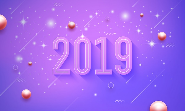 Felice anno nuovo 2019 su uno sfondo viola