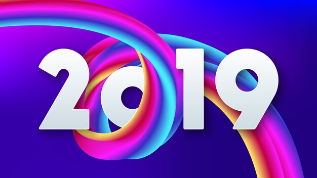 Happy New Year 2019 with Colorful Liquid Wave Background