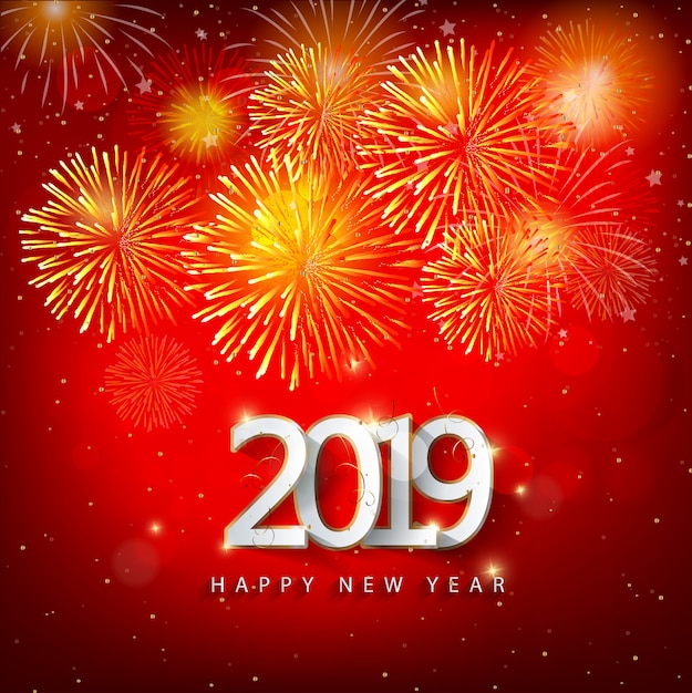 Felice anno nuovo 2019 con sfondo di fuochi d'artificio. capodanno cinese, anno del maiale.