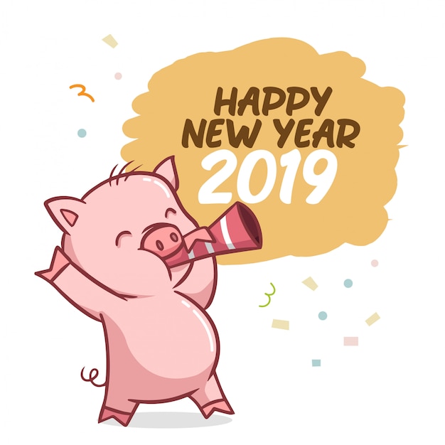 Happy new year 2019 with pig character