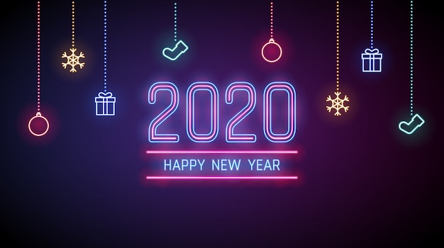 Felice anno nuovo 2020 sfondo a luci al neon con ornamenti