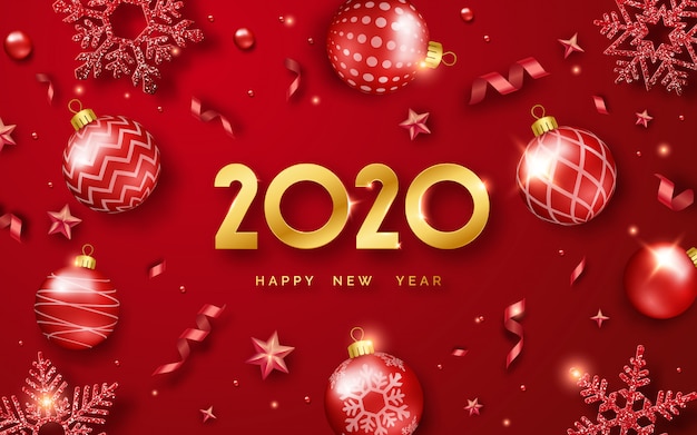 Vector happy new year 2020 background with shining numerals and ribbons