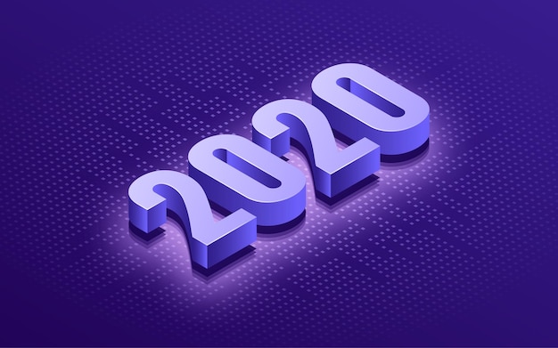 Felice anno nuovo 2020 sfondo tecnologia tipografica isometrica