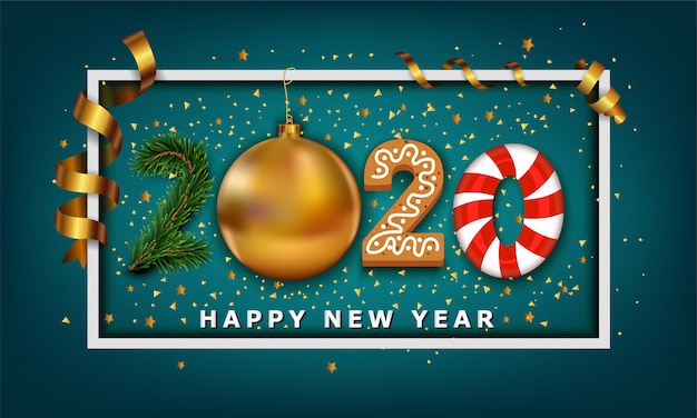 Happy New Year 2020 number made from golden christmas ball bauble, stripes elements, cookie, candy and christmas tree