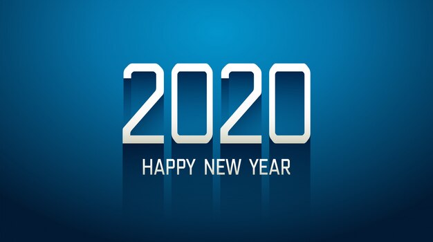 Happy new year 2020 in technology text with long drop shadow blue background