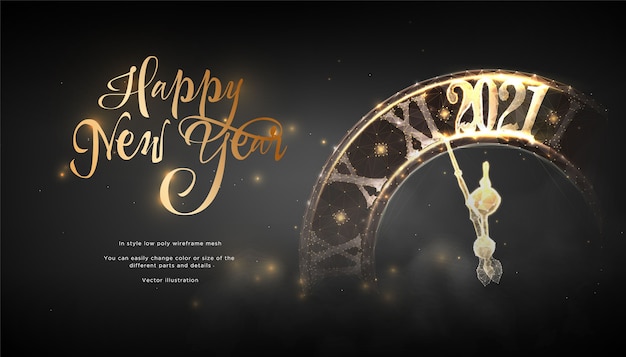 Vector happy new year 2021 futurictic banner. clock strikes the chime