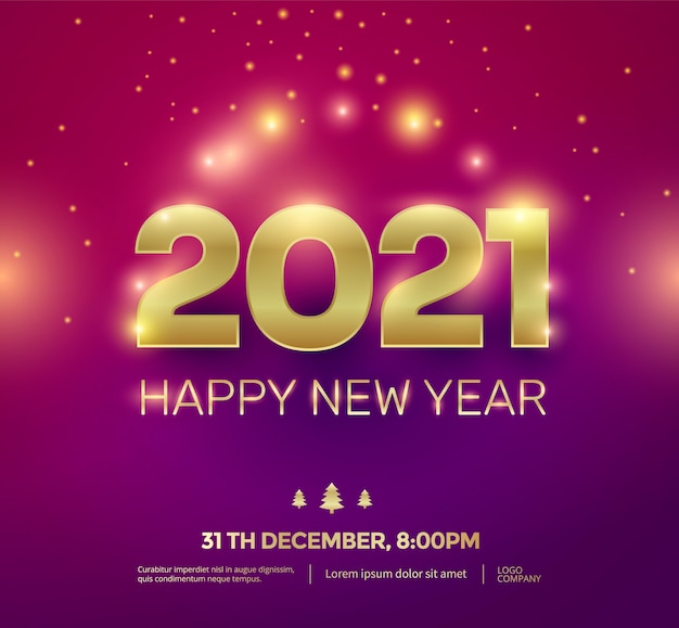 Happy New Year 2021 gold numbers typography with glow effect.