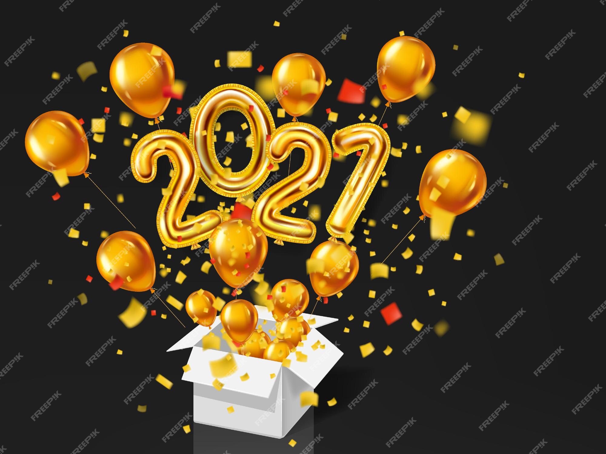 Premium Vector | Happy new year 2021. gold realistic 3d balloons foil  metallic numbers and helium ballons, gift box explosion of glitter gold  confetti