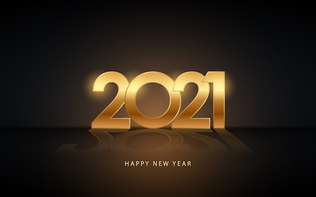 Vector happy new year 2021 in golden label with reflection on black color background