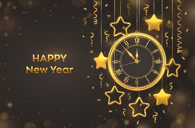 Happy New Year 2021. Golden shiny watch with Roman numeral and countdown midnight.