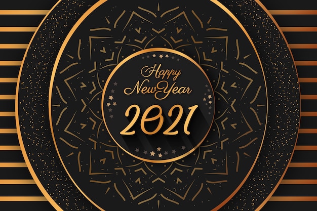 Vettore felice anno nuovo 2021 golden sparticles e strisce con sfondo nero scuro