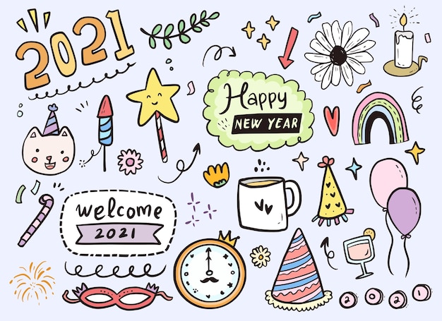 Vector happy new year 2021 icon sticker drawing in hand drawn style