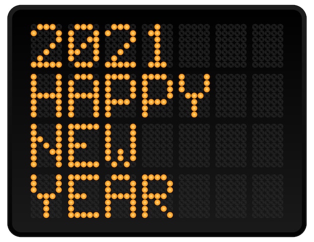 Felice anno nuovo 2021 illustrazione. led digitale in stile alfabeto di testo con punti luminosi. elemento grafico di concetto astratto