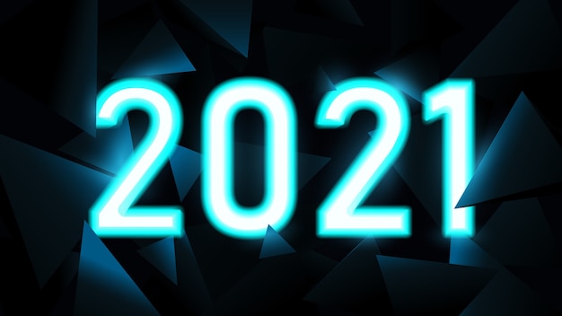 明けましておめでとうございます。三角形の技術を備えたネオンライトの2021年のテキストハイテク未来的なデジタル背景。