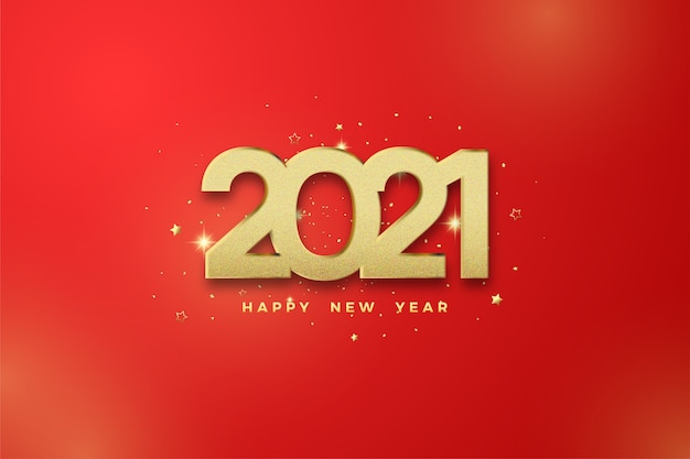 Happy new year 2021 with golden numbers on a red background.