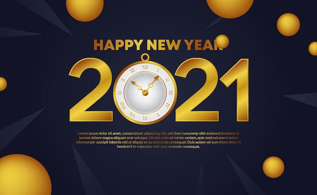 Felice anno nuovo 2021 con numero di testo dorato con orologio e decorazione cerchio dorato per biglietto di auguri, banner poster