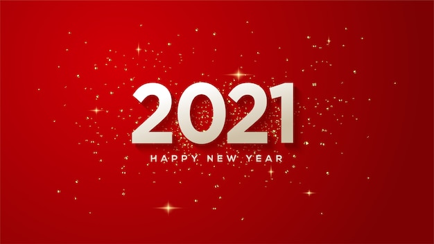 Happy new year 2021, with illustrations of white numbers with golden lights spread around it.