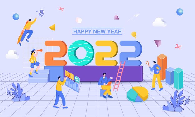 Happy new year 2022. 2022 business goals concept illustration. businessman hold magnifying glass, checking charts and diagrams, flying on rocket and seeking new opportunities for new year