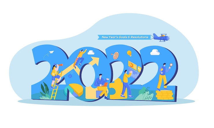 Vector happy new year 2022. 2022 business goals concept illustration. businessman hold magnifying glass, checking charts and diagrams, flying on rocket and seeking new opportunities for new year