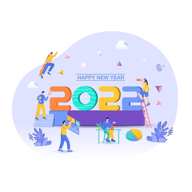 Vector happy new year 2022. 2022 business goals concept illustration. businessman hold magnifying glass, checking charts and diagrams, flying on rocket and seeking new opportunities for new year