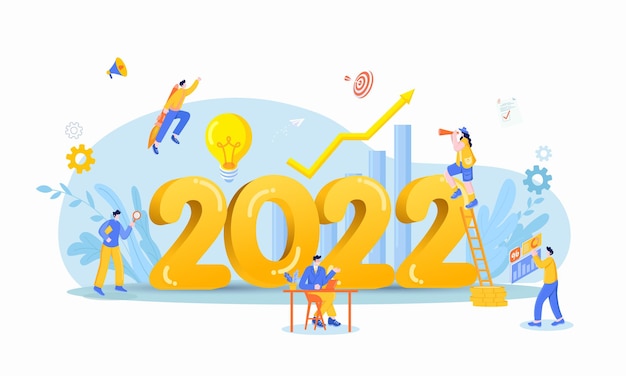 2022년 새해 복 많이 받으세요. 2022년 비즈니스 목표 개념 그림입니다. 사업가는 돋보기를 들고 차트와 다이어그램을 확인하고 로켓을 타고 새해를 위한 새로운 기회를 찾습니다