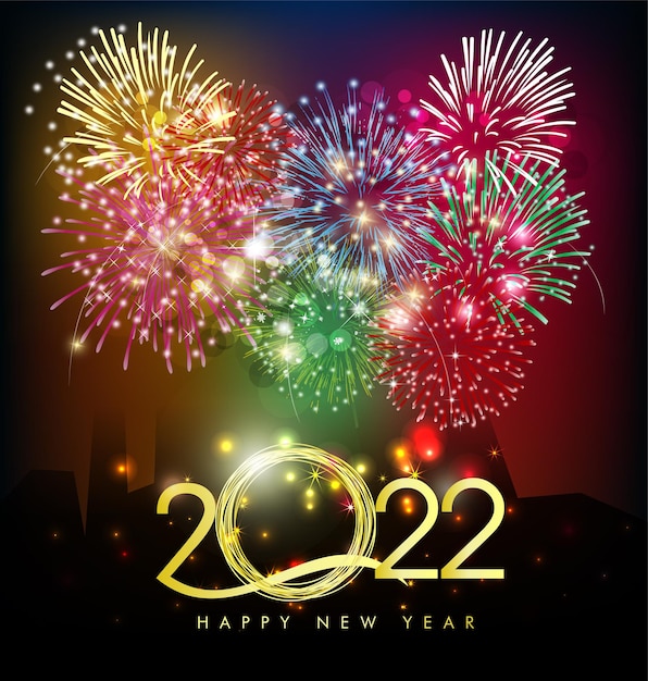 새해 복 많이 받으세요 2022 배경입니다. 검은 배경에 색종이 조각과 리본이 있는 황금빛 빛나는 숫자. 휴일 인사말 카드 디자인입니다.