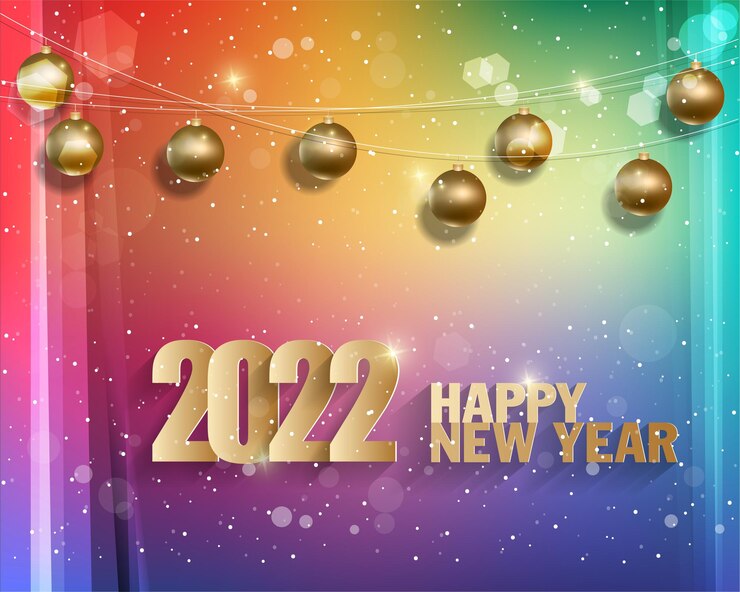Vector happy new year 2022 background. golden shiny numbers with confetti and ribbons on black background. holiday greeting card design.