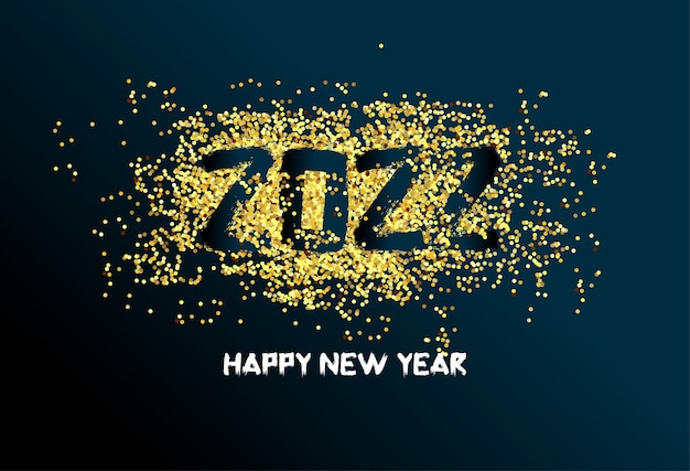 С новым годом 2022 фон. Золотые блестящие числа с конфетти и лентами на черном фоне. Праздничный дизайн поздравительной открытки.