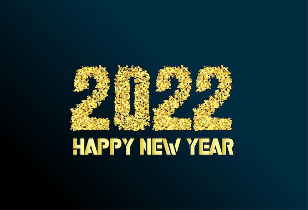 Vector happy new year 2022 background. golden shiny numbers with confetti and ribbons on black background. holiday greeting card design.